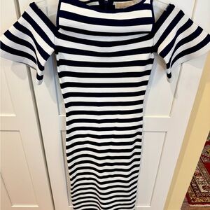 Michael Kors Cold Shoulder Black and White Striped Midi Dress, XXSmall